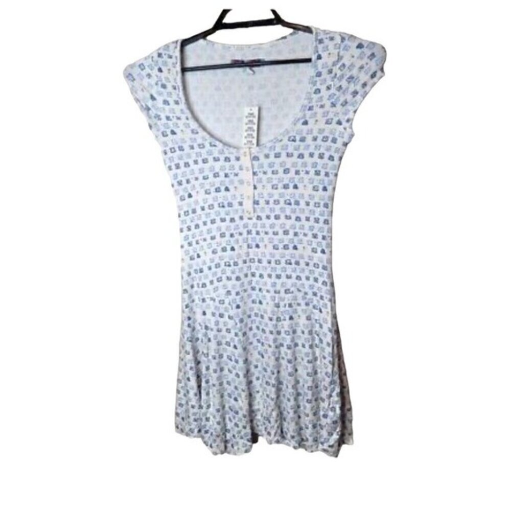 NWT Urban Outfitters Printed Scoop Neck Mini Dress M Blue White Boho Minimalist